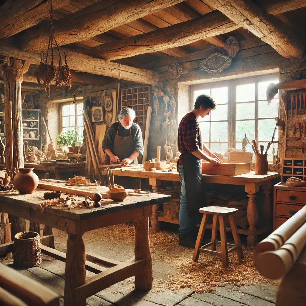 Classic woodworking shop with master woodworker and apprentice.