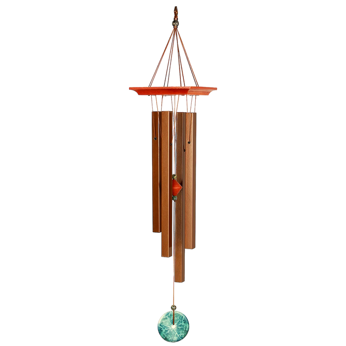 Woodstock Turquoise Wind Chime with cherry finished ash wood, turquoise accents, and bronze aluminum tubes, elegant home décor.