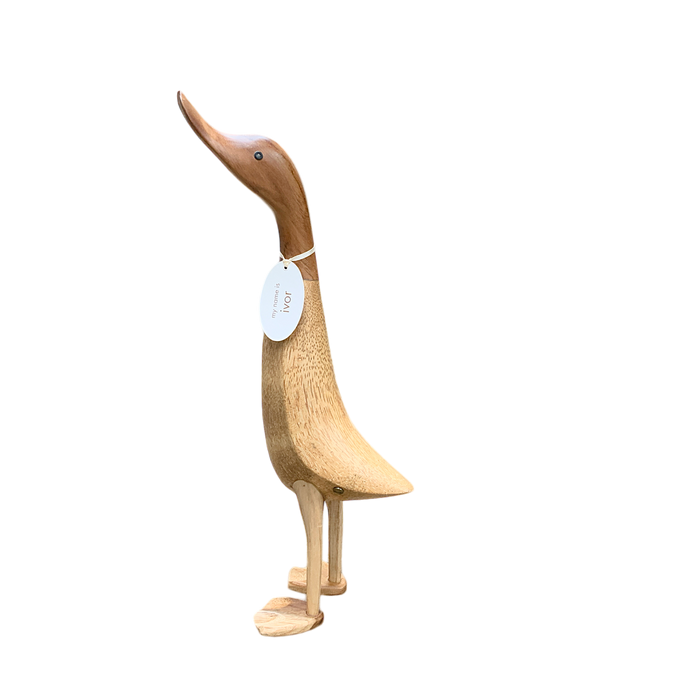 Life-size wooden duck figurine made from sustainable bamboo root, standing tall. Ideal for adding a touch of whimsy to any space.