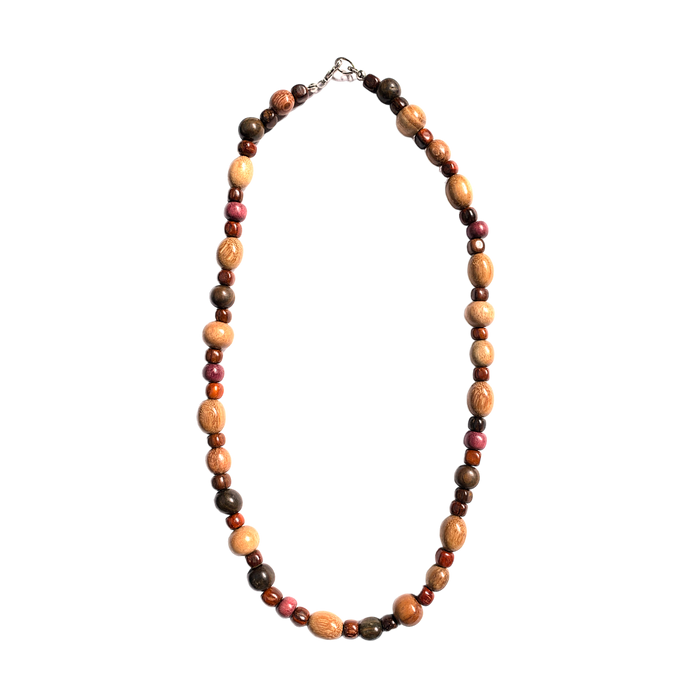 Beaded Holiday Wood Necklace with natural wooden beads in various sizes for a simplistic style, ideal for vacation wear.