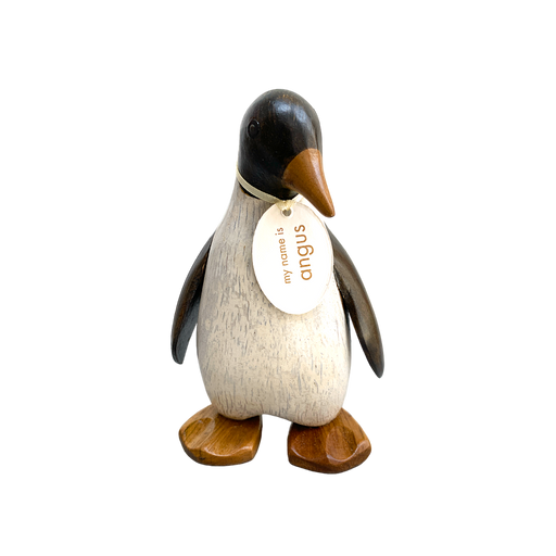 Wooden emperor penguin with random  name tag.