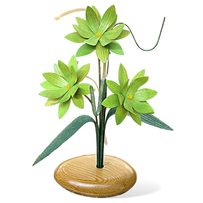 green lotus wood flower arrangement in red oak vase. Handmade in the USA. 