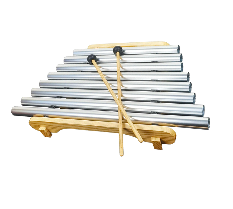 Pipedream Xylophone by Woodstock Chimes with nine precision-tuned tubes and wooden base including two mallets.