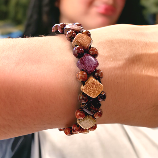 Wood Diamond and Bead Stretch Bracelet in  exotic wood. All natural colors.