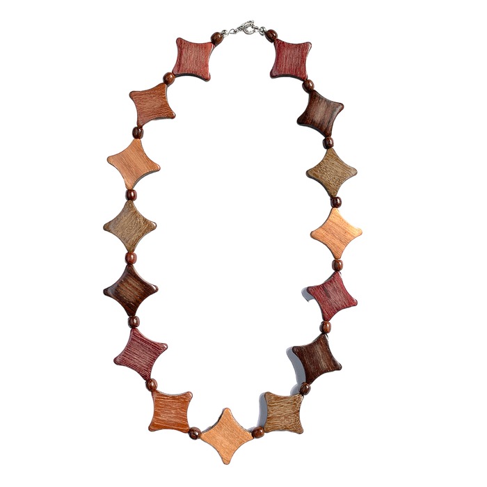 Elegant Diamond Cut Wood Necklace in assorted woods with intricate design and tiny bead accents.