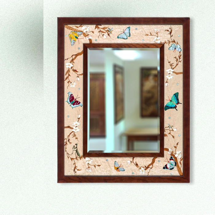 Butterfly Garden Marquetry Mirror - Wood Inlay
