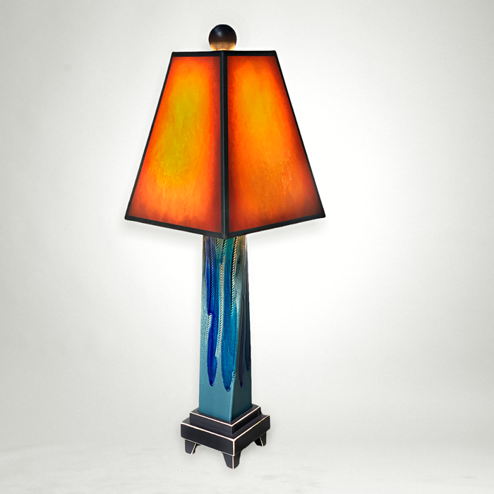 Handmade Blue Ceramic Table Lamp with  Orange Shade