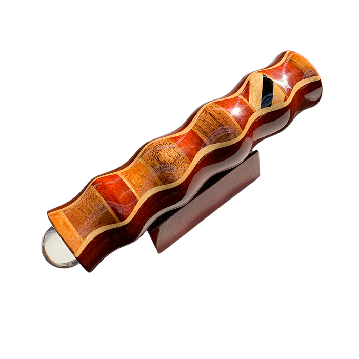 Handmade wooden teleidoscope with matching wood base. Fine padauk hardwood and mahogany wood inlay .