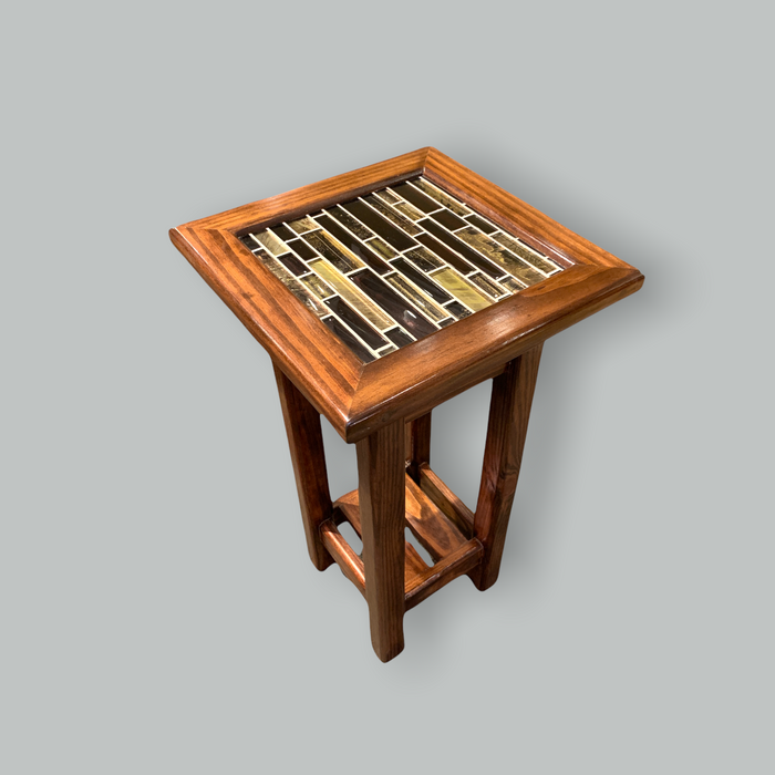 Handcrafted solid wood side table with glass tile top and mahogany finish