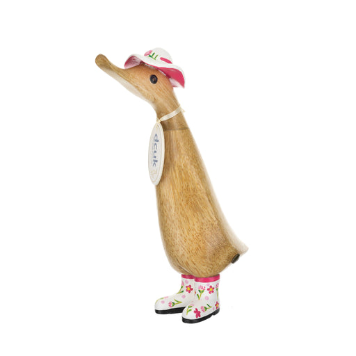 Handmade DCUK wood duckling with a pink carnation flower hat and matching boots, crafted from wood and designed as a decorative gift.