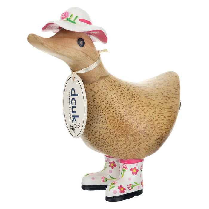 DCUK wood duck with a carnation flower hat and matching boots, a handmade wooden gift featuring a charming duck design.