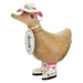 DCUK wood duck with a carnation flower hat and matching boots, a handmade wooden gift featuring a charming duck design.