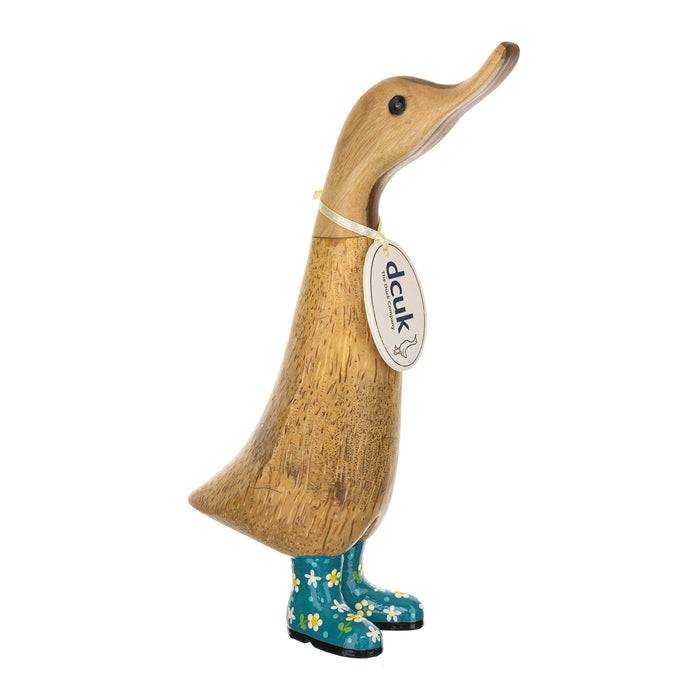 DCUK teal floral boots duckling, handmade wooden duck from DCUK Wood Ducks collection, featuring detailed floral design and crafted wood.