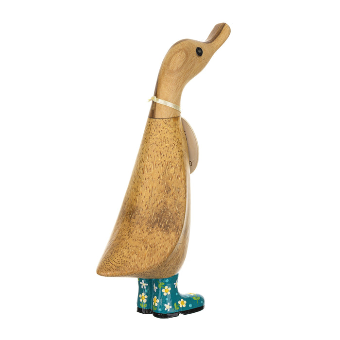 Handcrafted DCUK teal floral boots duckling made of wood, part of the DCUK wooden duckling and handmade wooden gifts collection.