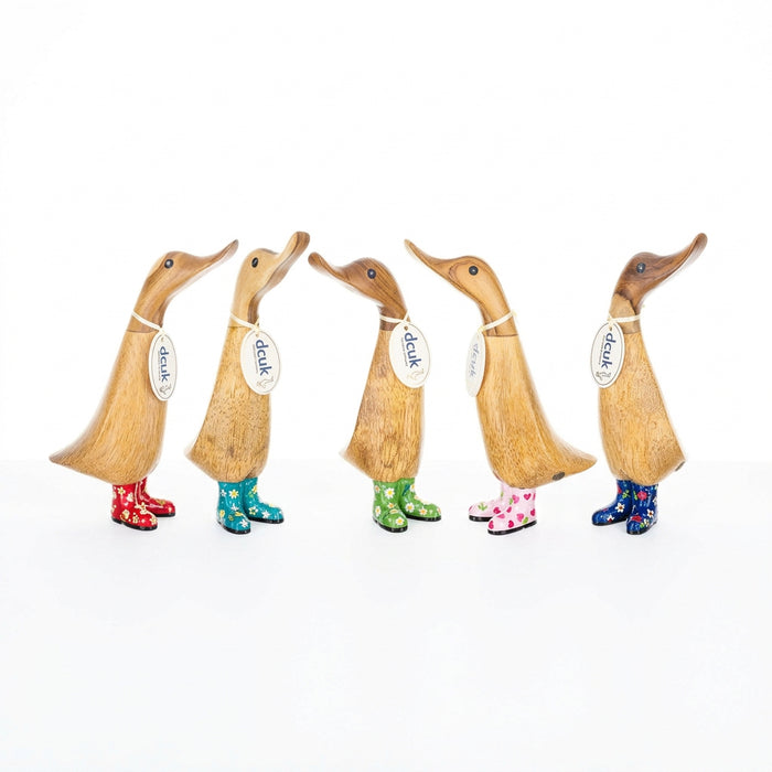 Handmade DCUK wooden duckling in teal floral boots, part of the DCUK wood ducks collection, showcasing detailed craftsmanship.