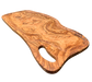Oblong olive wood cutting board with juice groove, fluid lines, and grip handle. Dimensions: 23-1/2 x 11 x 1/2 inches. Can be used as a presentation or charcuterie board. Rustic elegance, rich vibrant color, and organic look and feel.