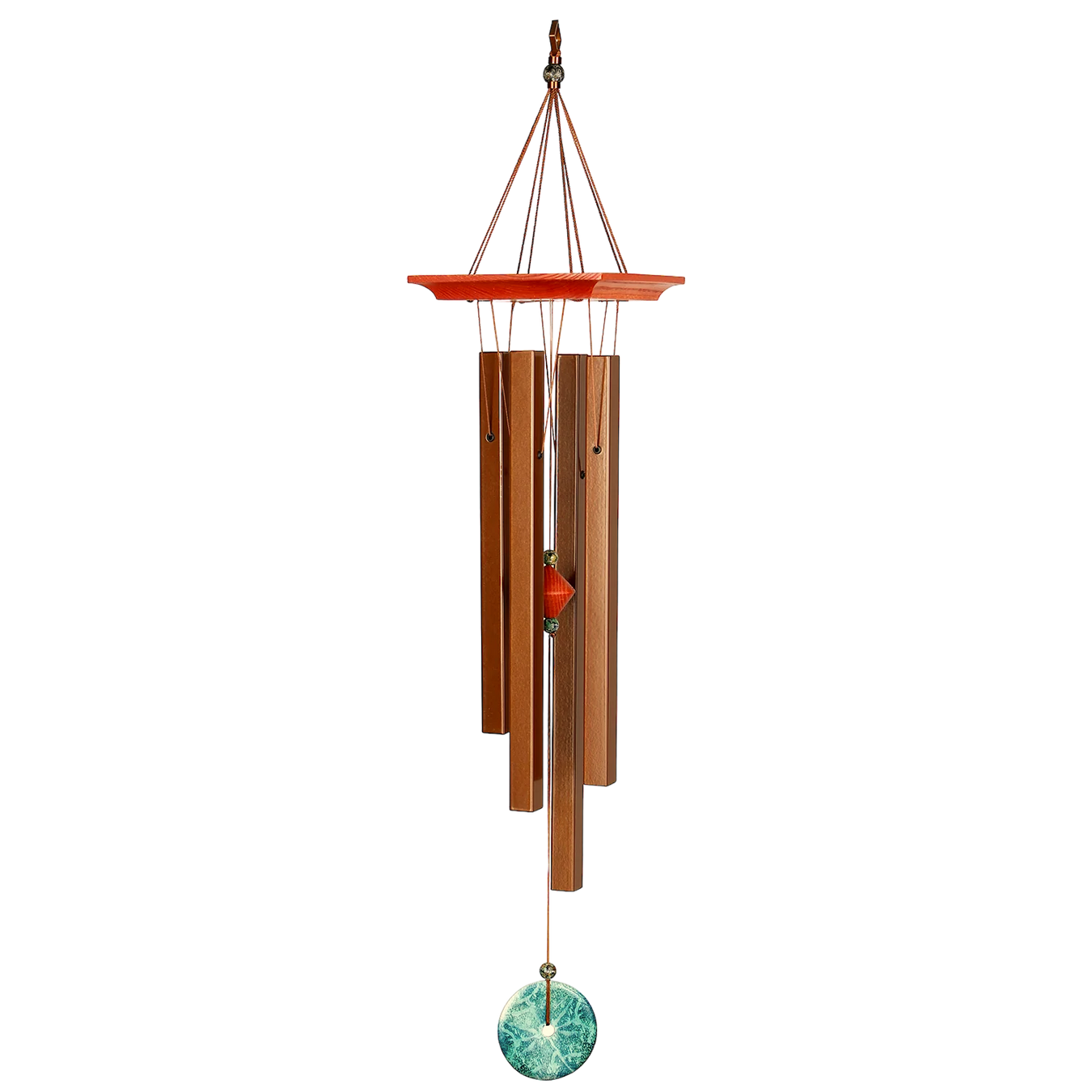 Woodstock Turquoise Wind Chime with cherry finished ash wood, turquoise accents, and bronze aluminum tubes, elegant home décor.