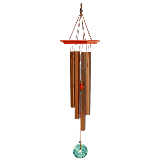 Woodstock Turquoise Wind Chime with cherry finished ash wood, turquoise accents, and bronze aluminum tubes, elegant home décor.