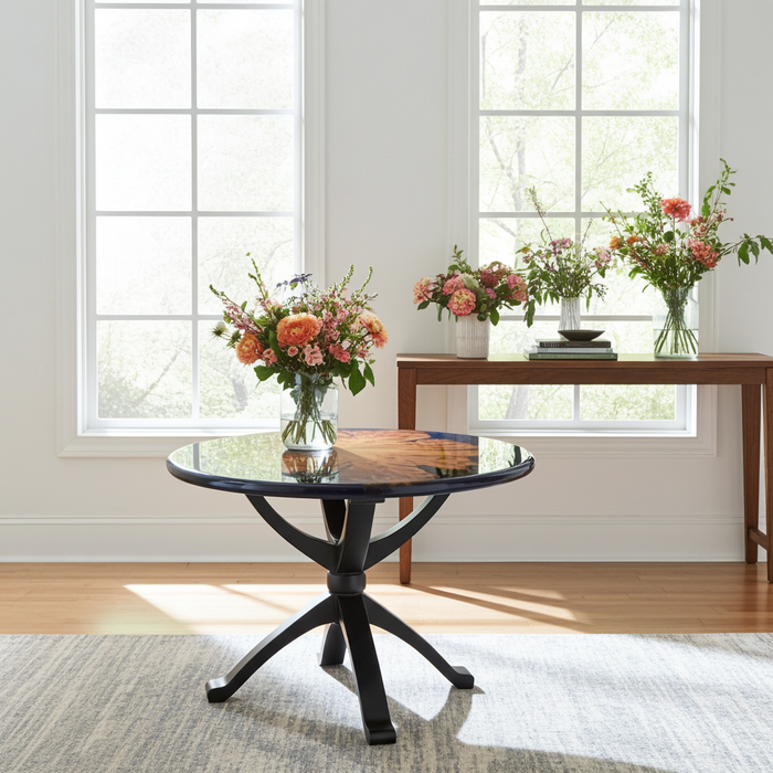 One-of-a-Kind Boxelder Burl & Blue Epoxy Round Pedestal Table