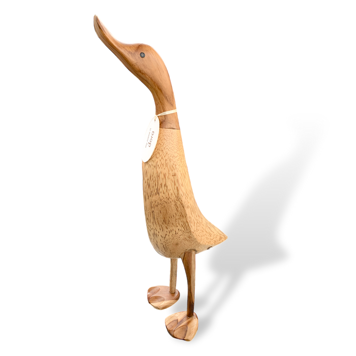 Life-size whimsical wooden duck crafted from bamboo root in an elegant standing pose. Perfect eco-friendly gift for duck enthusiasts.