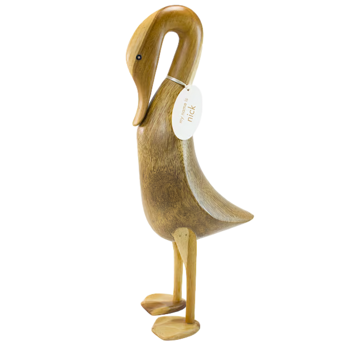 Life-size wooden duck sculpture made from bamboo root, showcasing whimsical elegance and perfect for home décor or unique gifts.
