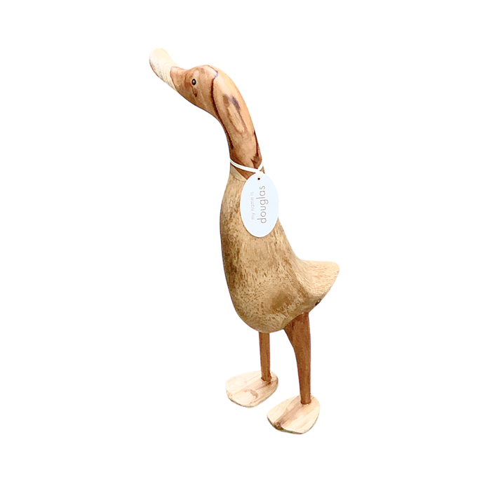Life-size wooden duck made from sustainable bamboo root in an endearing pose, perfect for adding whimsical elegance to any space.