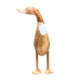 Life-size wooden duck statue crafted from bamboo root, standing elegantly with a whimsical charm and a tag around its neck.