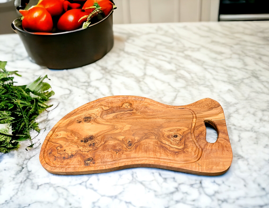 Artisan Olive Wood Cutting Board with Grip Handle (21-1/2 x 12 x 1/2 inch)
