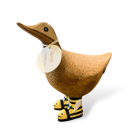 DCUK duck ornament wearing bumblebee-patterned wellington boots