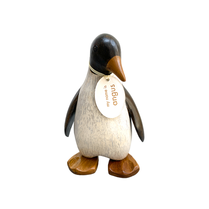 Handcrafted wooden Emperor Penguin with personalized name tag made from premium bamboo root, perfect for penguin lovers and collectors