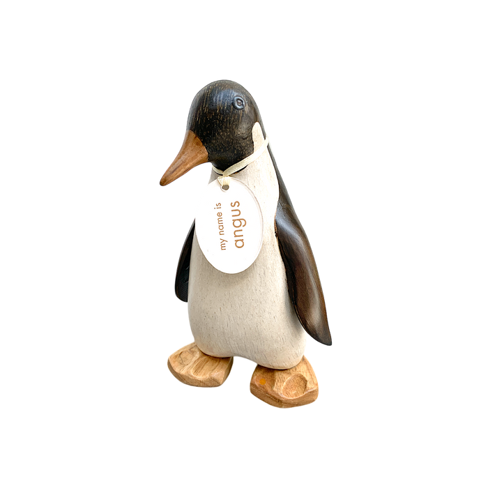 Handcrafted wooden Emperor Penguin with a name tag, made from premium bamboo root.