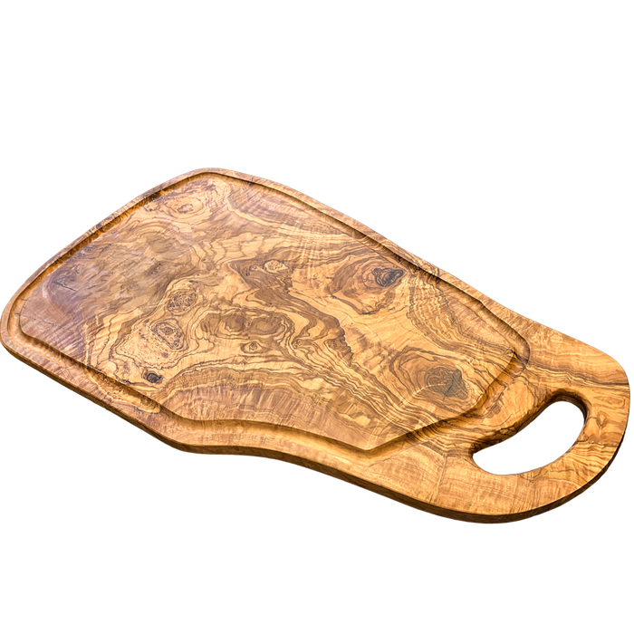 Large One-of-a-Kind Olive Wood Cutting Board with Grip Handle and Juice Groove (22-1/2 x 12 x 1/2 inch) - Barouke - The WoodCrafters Gallery