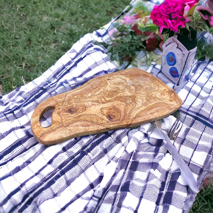 Large One-of-a-Kind Olive Wood Cutting Board with Grip Handle and Juice Groove (22-1/2 x 12 x 1/2 inch) - Barouke - The WoodCrafters Gallery