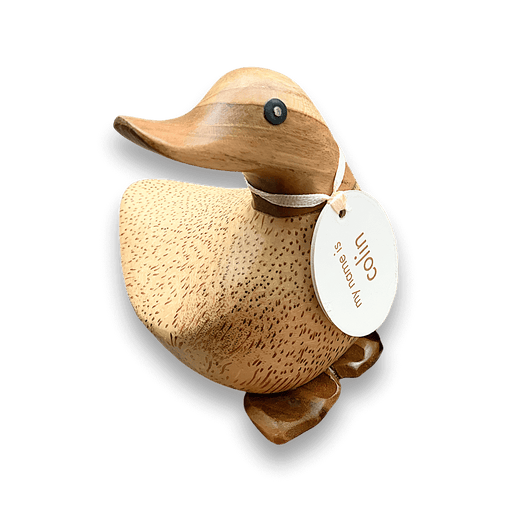 DCUK bamboo root duck figurine with name tag in pose 1