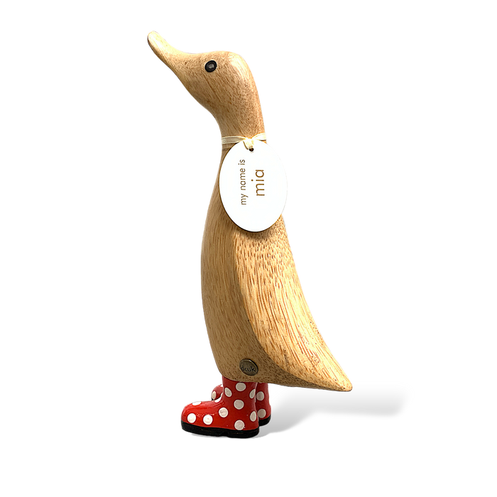 Handcrafted bamboo duckling wearing red spotty boots and an oval name tag, perfect for adding charm to home decor