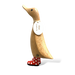 Handcrafted bamboo duckling wearing red spotty boots and an oval name tag, perfect for adding charm to home decor