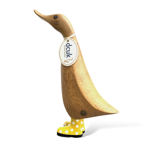 Handcrafted bamboo and teak wood duckling with yellow polka dot boots and oval name tag.