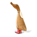 Handcrafted bamboo and teak wood duckling wearing red spotty boots and an oval name tag, perfect for whimsical home decor