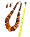 Handmade exotic wood necklace with overlapping discs in Purple Heart, Pau Amarillo, Cocobolo, shown with matching earrings and measuring tape