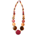 Long Emily Wood Disc Necklace with Central American Woods in graduated sizes from neck to mid chest, showcasing natural wood colors