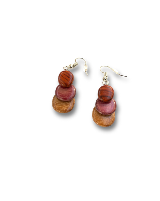 Small exotic wood earrings with overlapping discs in shades of purple heart, cocobola, and pau amarillo, featuring contemporary elegance.