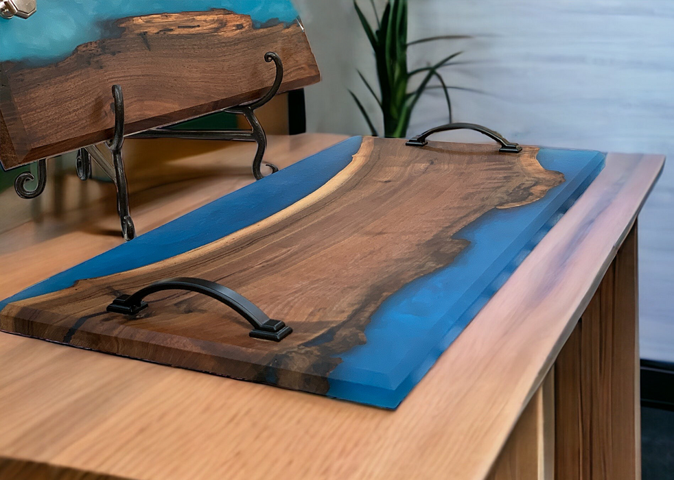 Captivating Live-Edge Walnut Charcuterie Serving Tray with Custom Blue Epoxy Resin (23 x 12 x 1 inch) - Barouke - The WoodCrafters Gallery