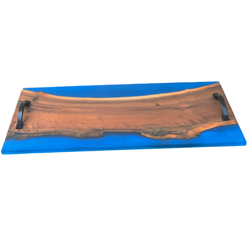 Captivating Live-Edge Walnut Charcuterie Serving Tray with Custom Blue Epoxy Resin (23 x 12 x 1 inch) - Barouke - The WoodCrafters Gallery