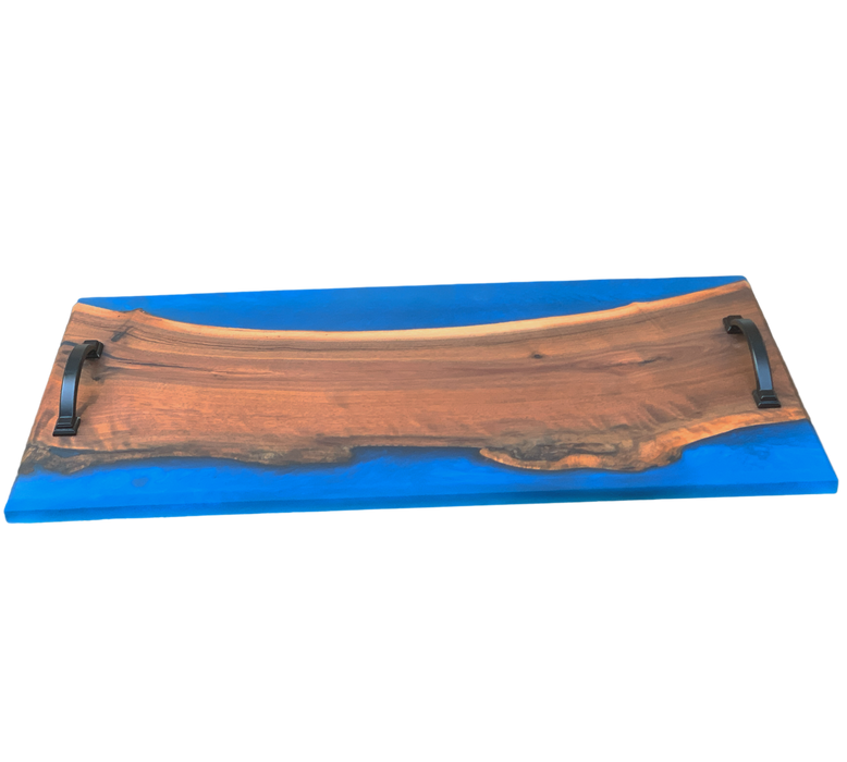 Captivating Live-Edge Walnut Charcuterie Serving Tray with Custom Blue Epoxy Resin (23 x 12 x 1 inch) - Barouke - The WoodCrafters Gallery