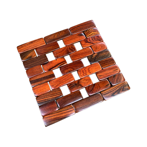 Folding wooden trivet in rich cocobolo hardwood.