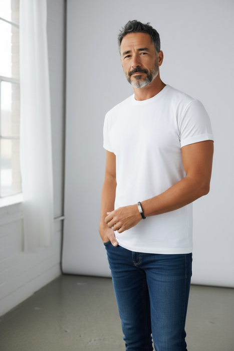 Check out this male model sporting the cool black full grain leather bracelet with greek key centerpiece.