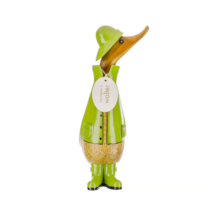 Wooden duckling in a bright green raincoat and matching hat, crafted from sustainable bamboo wood, perfect for whimsical home décor.