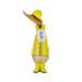 Wooden duckling figurine wearing a bright yellow raincoat and hat, made from sustainable bamboo wood.