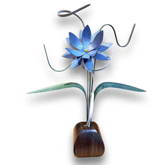 Blue Lotus Wood Flower in Black Walnut Vase - Nature-inspired Art