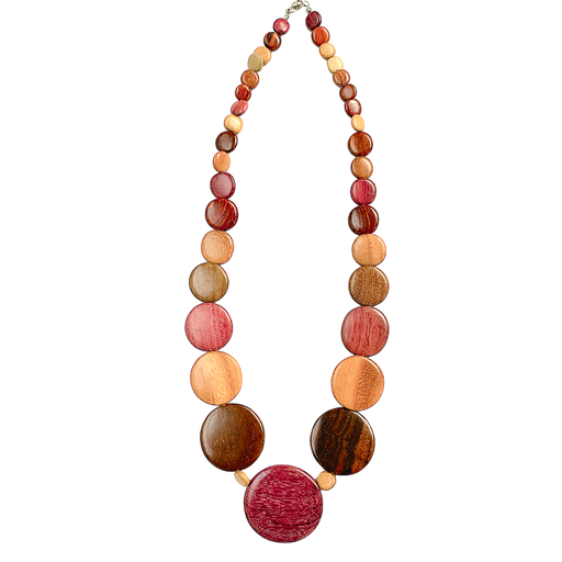 Long Emily Wood Disc Necklace with Central American Woods in graduated sizes from neck to mid chest, showcasing natural wood colors